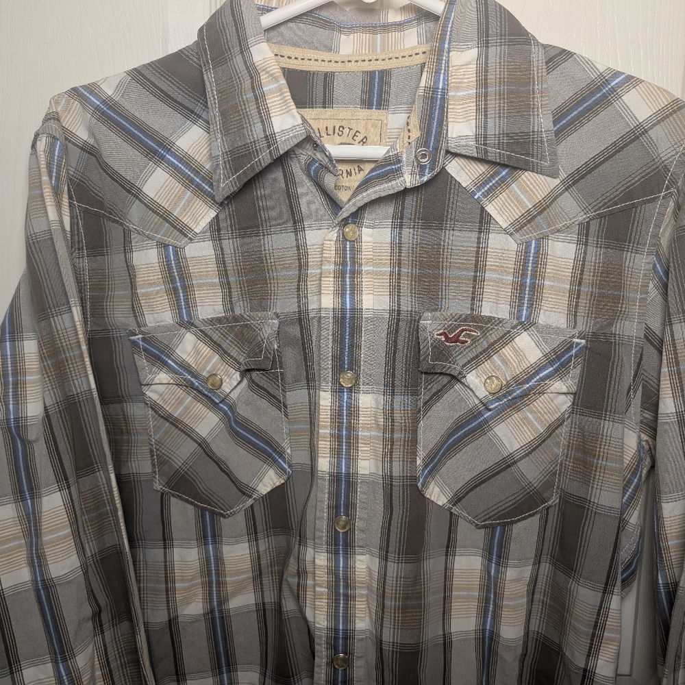 Hollister Western Shirt Mens Medium Plaid Pearl Snap Cowboy Rodeo Rancher